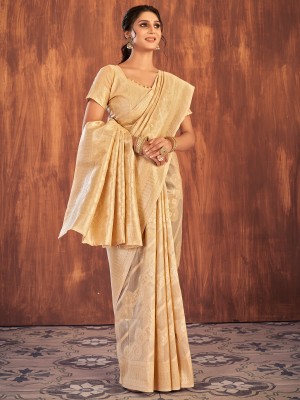 Sareemall Woven Banarasi Cotton Blend Saree(Cream)