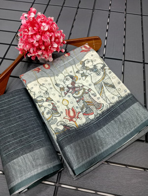 Saaransh Floral Print Kanjivaram Linen, Cotton Silk Saree(Grey)