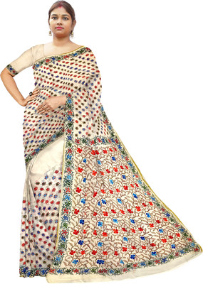 SHRISTI CLOTHINGS Embroidered, Blocked Printed Kantha Tussar Silk Saree(Cream)