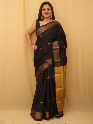 Hashir Tex. Woven, Temple Border, Self Design Banarasi Silk Blend, Cotton Blend Saree(Black)