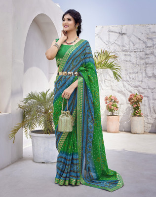 YASHIKA Printed Daily Wear Georgette, Lace Saree(Green, Blue)