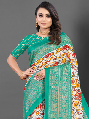 Sareemall Printed Pochampally Silk Blend Saree(White)