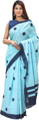 Tropwear Printed Ikkat Pure Cotton Saree(Blue)