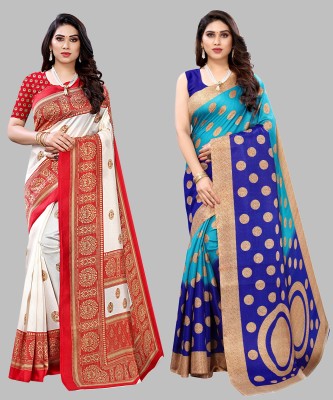 Priyashi Printed, Paisley, Floral Print Mysore Art Silk Saree(Pack of 2, Red, Blue)