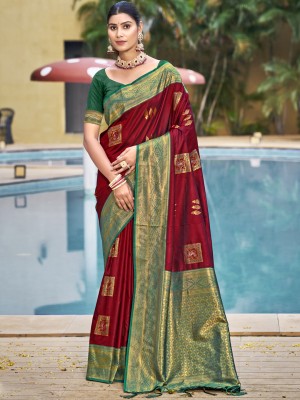 BUNAWAT Self Design Handloom Silk Blend Saree(Maroon)