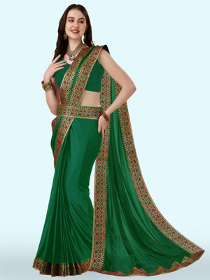 Anugrah Textile Solid/Plain Banarasi Lycra Blend, Chiffon Saree(Green)