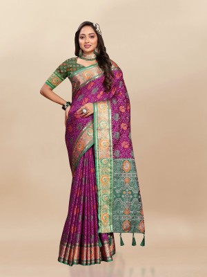 VISVASTA Woven, Printed, Self Design, Applique, Striped, Temple Border Patola Cotton Silk, Jacquard Saree(Purple)