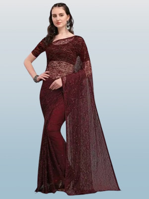 SwiftStyle Solid/Plain Bollywood Net Saree(Maroon)