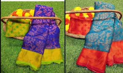 Sita Floral Print Bollywood Brasso Saree(Pack of 2, Blue, Dark Blue)