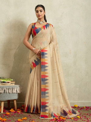 Rachna Printed Bollywood Cotton Blend Saree(Cream)