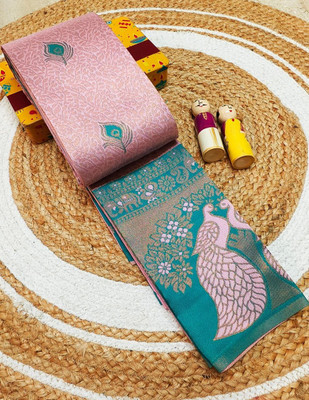 WILLMAKE Printed, Applique, Embellished, Floral Print, Woven Banarasi Art Silk Saree(Pink, Light Green)
