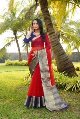 Aarunika fashion Solid/Plain, Woven Bollywood Organza Saree(Red)