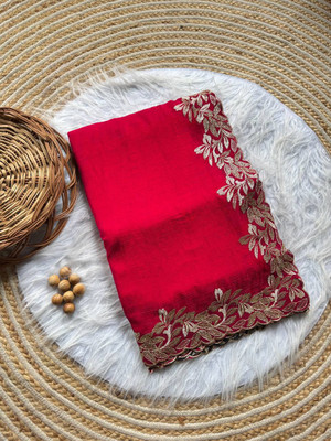 SHARDHA FASHION Embroidered, Solid/Plain Banarasi Satin, Pure Silk Saree(Red)
