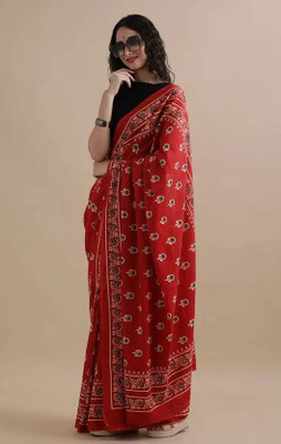 HouseOfCommon Blocked Printed Bollywood Chanderi Saree(Red)