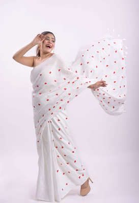 ADbutiq Woven Tant Handloom Cotton Blend Saree(White)