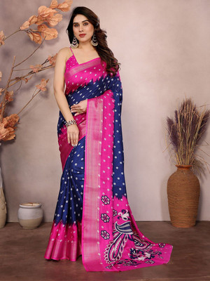 Moda Rapido Printed Bandhani Silk Blend Saree(Dark Blue, Pink)