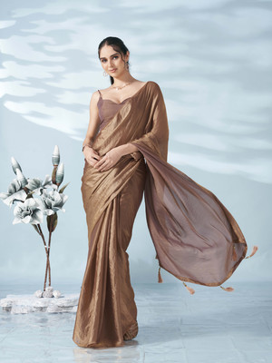Tikhi Imli Solid/Plain Bollywood Satin Saree(Brown)