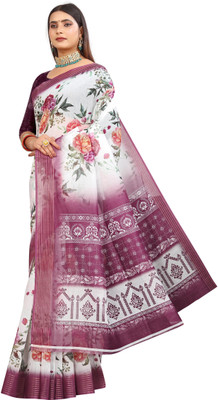 HouseOfCommon Printed Kanjivaram Pure Cotton, Chanderi Saree(White, Magenta)