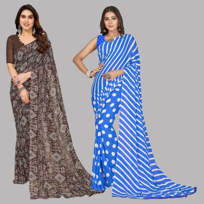 Anand Sarees Floral Print, Polka Print, Ombre, Printed Bollywood Georgette Saree(Pack of 2, Light Blue, Brown)