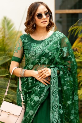 SUBHAM Embroidered, Embellished Bollywood Net Saree(Dark Green)