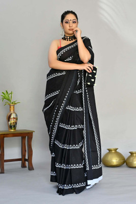 ZILVIRA Floral Print Bollywood Cotton Linen Saree(Black)