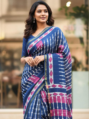 Gen Z Trend Geometric Print Bollywood Cotton Blend Saree(Blue)