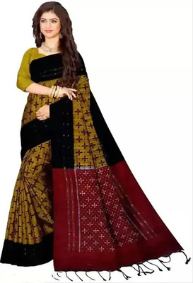 RIDDHIMAN FASHION Printed Sambalpuri Viscose Rayon Saree(Yellow, Maroon)