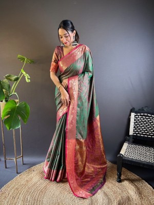 SGF11 Self Design Handloom Pure Silk Saree(Green)