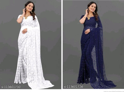 Nilkanthvarni Creation Self Design Bollywood Net Saree(Pack of 2, White, Dark Blue)