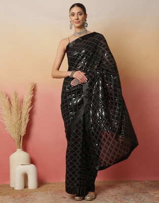 Samah Embroidered, Embellished Bollywood Georgette Saree(Black)