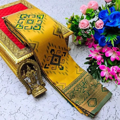 Deepkala Designer Woven, Printed Kanjivaram Silk Blend Saree(Green, Yellow)