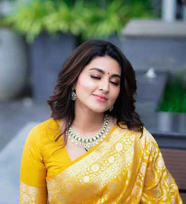 Khodal Zari Work Woven, Floral Print, Self Design Kanjivaram Pure Silk Saree(Yellow)