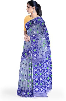 weaveindia Printed Jamdani Handloom Cotton Blend Saree(Grey)