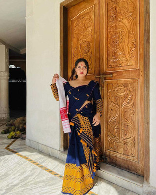 MEKHLA Woven Mekhela Chador Cotton Silk Saree(Dark Blue)