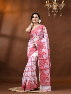 Desh Bidesh Floral Print Jamdani Handloom Pure Cotton Saree(Red, White)