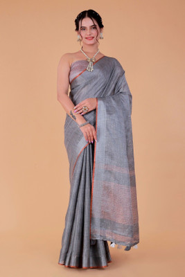 NEGRONI Solid/Plain Daily Wear Linen Saree(Grey)
