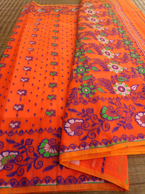 KhayaFashion Woven Tant Pure Cotton Saree(Orange)