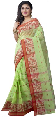 DipDiya Woven Tant Pure Cotton Saree(Red, Light Green)