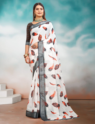 PRTRENDZ Printed Kanjivaram Pure Cotton, Cotton Linen Saree(White, Brown)