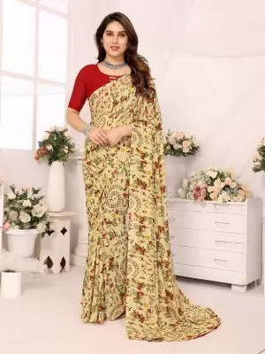 Suntex Printed Daily Wear Georgette Saree(Cream)
