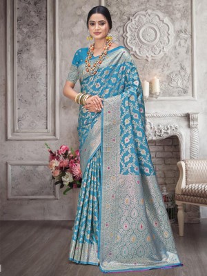 BUNAWAT Self Design Handloom Silk Blend Saree(Light Blue)