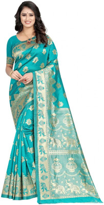 ETHNICHITZ Woven Banarasi Jacquard, Silk Blend Saree(Light Blue)