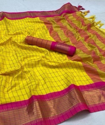 KCF Checkered, Woven Garad Cotton Silk Saree(Yellow)