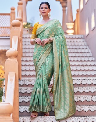 Satrani Dyed, Self Design, Woven, Embellished Banarasi Silk Blend Saree(Light Green, Gold)