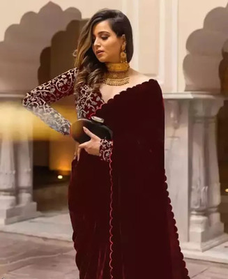 Aika Solid/Plain Bollywood Velvet Saree(Maroon)