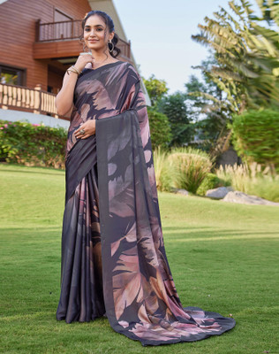 Tasrika Digital Print, Printed Bollywood Satin Saree(Black)