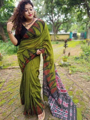 QUETZAL HANDLOOM SAREE Printed Sambalpuri Pure Cotton Saree(Light Green)