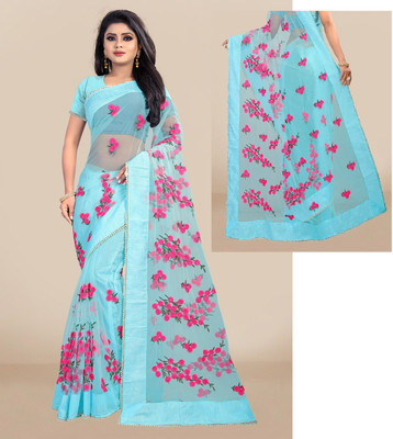 RE Renny Enterprise Embroidered Bollywood Net Saree(Light Blue)