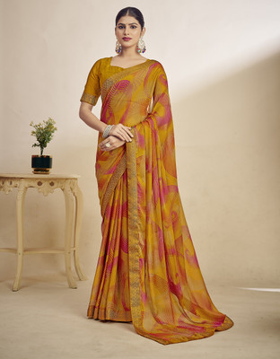 Divastri Floral Print, Geometric Print, Digital Print, Printed Bollywood Chiffon Saree(Mustard)