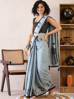 Anouk Rustic Printed Pre Draped Saree Cotton Blend Saree(Grey)